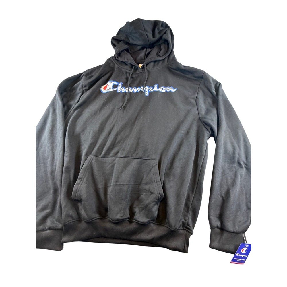 Champion Mens Script Logo Pullover Hoodie Black Sweatshirt Large NEW
